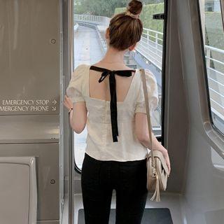 Puff-sleeve Square Neck Tie Back Plain Blouse