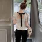 Puff-sleeve Square Neck Tie Back Plain Blouse