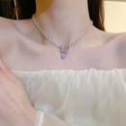 Butterfly Rhinestone Faux Pearl Pendant Necklace 1pc - White & Blue - One Size