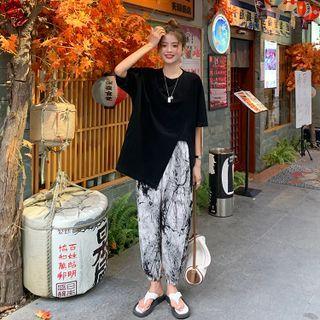 Short-sleeve Plain Loose-fit T-shirt / Tie-dyed Pants