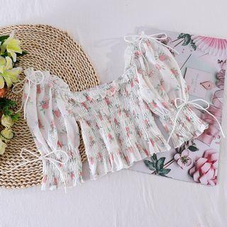 Square-neck Puff-sleeve Floral Top White - One Size