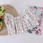 Square-neck Puff-sleeve Floral Top White - One Size