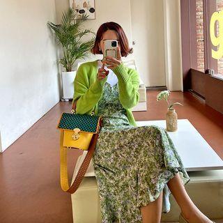 Set: Open Crop Cardigan + Floral Long Slipdress