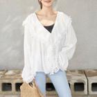 Pom Pom V-neck Ruffle Blouse