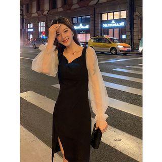Puff-sleeve Mesh Paneled Slit Dress