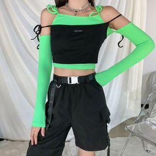 Set: Long-sleeve Cold Shoulder Top + Spaghetti Strap Top