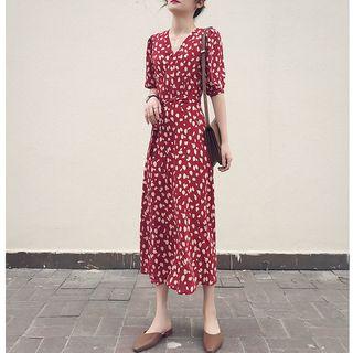 Leopard V-neck Short-sleeve Slim-fit Dress