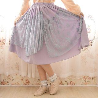 Elastic Waist Lace Panel A-line Skirt