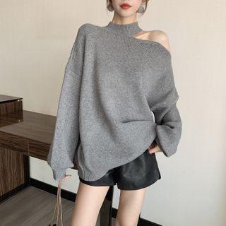 One Shoulder Long-sleeve Plain Knit Top