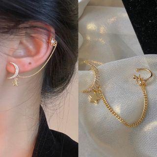 Star Moon Chain Clip Earring Gold - 1375a#