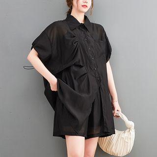 Set: Short-sleeve Asymmetrical Blouse + Wide Leg Shorts