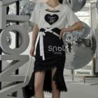 Mock Two-piece Short-sleeve Heart Cutout T-shirt / Lace Trim Asymmetrical Pencil Skirt