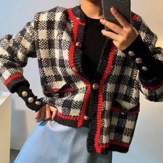 Long-sleeve Retro Plaid Knit Sweater