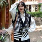 Two-tone Striped Button-up Knit Vest / Plain Shirt