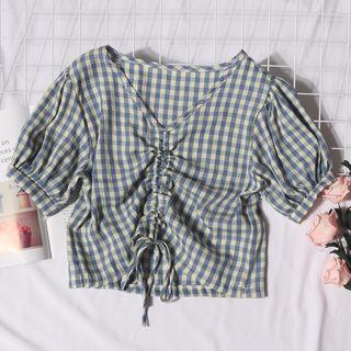 Gingham Short-sleeve Drawstring Blouse