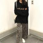 Long-sleeve Lettering Pullover / High-waist Animal Printed Pants