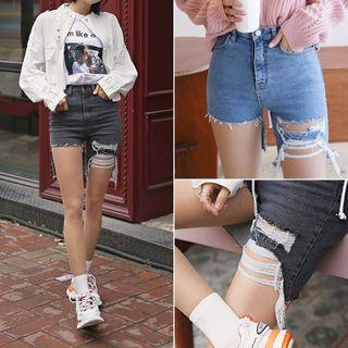 Asymmetric Cutout Frayed Denim Shorts