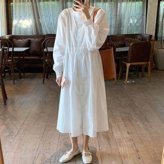 Balloon-sleeve Midi A-line Dress White - One Size