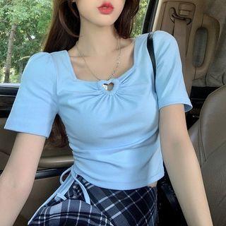 Short-sleeve Square-neck Heart Cutout T-shirt