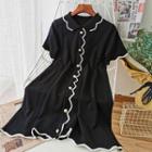 Contrast Trim Short-sleeve Knit Collared Dress Black - One Size