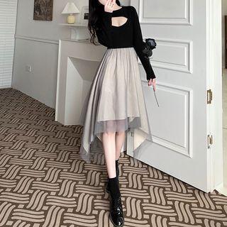 Long-sleeve Cut-out Asymmetric Mesh Dress