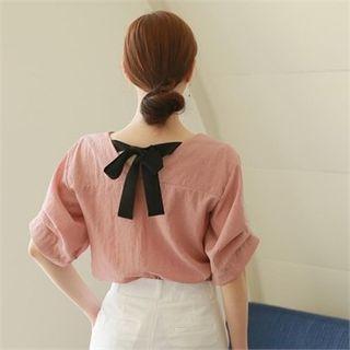 V-neck Pintuck-sleeve Tie-back Top
