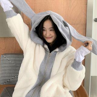 Rabbit Ear Fleece Paneled Hooded Zip Jacket Gray & Beige - One Size