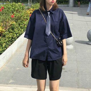 Wide-leg Shorts / Elbow-sleeve Shirt With Tie