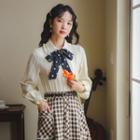 Long-sleeve Frill Trim Collar Dotted Bow Blouse