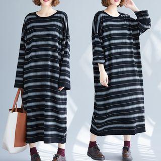 Long-sleeve Striped Midi A-line Knit Dress Stripes - Black & Gray - One Size