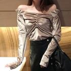 Velvet Ruched Off-shoulder Long-sleeve Top