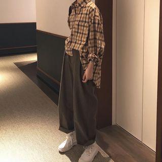 Plaid Shirt / Crop Wide Leg Pants