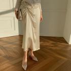 Band-waist Shirred Long Satin Skirt Light Beige - One Size