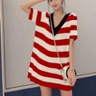 Striped V-neck Short-sleeve T-shirt Dress Stripes - Red & White - One Size