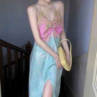Sleeveless Deep V Gradient Slit Sheath Dress