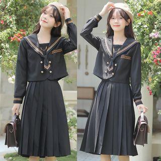 Set: Sailor Collar Double-breasted Blazer + Midi Pleated Skirt