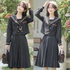 Set: Sailor Collar Double-breasted Blazer + Midi Pleated Skirt