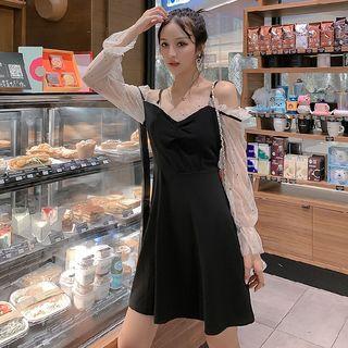 Long-sleeve Cold-shoulder Paneled Mini A-line Dress