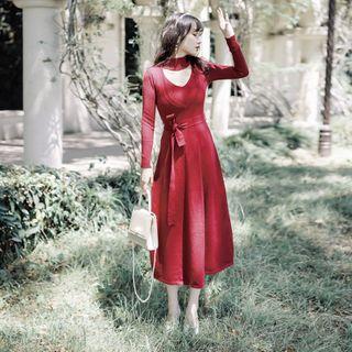 Set: V-neck Knit Top + Sash + Ribbed Midi A-line Knit Dress