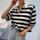 Color-block Stripe Polo Collar Crop Top As Shown In Figure - One Size