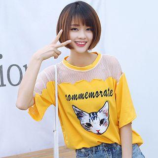 Cat Print Mesh Panel Elbow-sleeve T-shirt