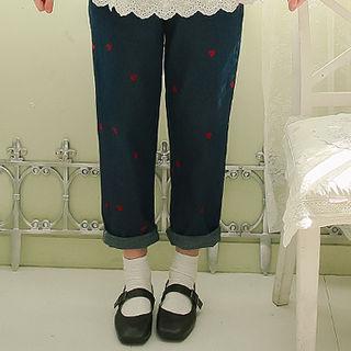 Heart-embroidered Baggy Jeans With Sash Dark Blue - One Size