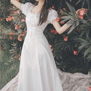 Puff-sleeve Frill Trim Lace-up A-line Midi Dress