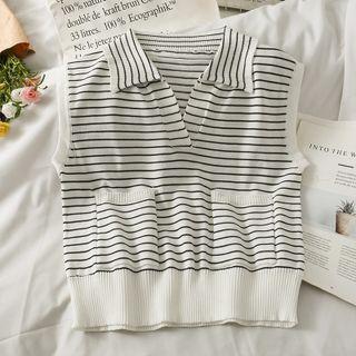 Sleeveless Striped Polo Shirt With Pockets White - One Size