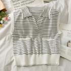 Sleeveless Striped Polo Shirt With Pockets White - One Size