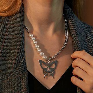 Butterfly Pendant Faux Pearl Alloy Necklace 01-dz-227 - Silver - One Size
