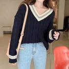 Contrast Trim V-neck Cable Knit Sweater Navy Blue - One Size