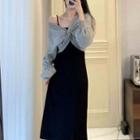 Set: Spaghetti Strap Midi A-line Dress + Ruched Cropped Sweatshirt