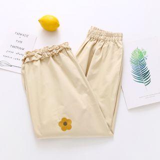 Flower Embroidered Harem Pants Beige - One Size
