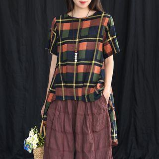 Short-sleeve Asymmetric Plaid Top